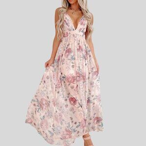 Floral Deep V-Neck Sleeveless High Waist Pleated Backless Spaghetti Strap Dress